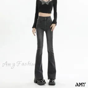 Amy Fashion - Winter Women's Plus Velvet Warm Black Flare Vintage High Waist Harajuku Streetwear Wide Leg Straight Denim Trousers Y2K Pa Jean