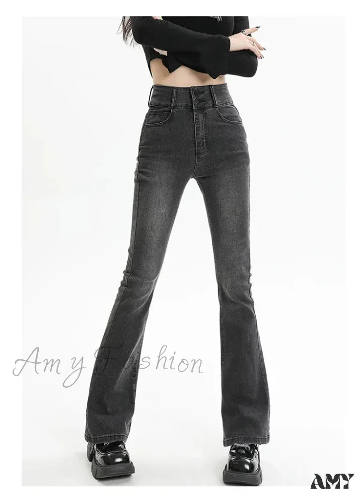 Amy Fashion - Winter Women's Plus Velvet Warm Black Flare Vintage High Waist Harajuku Streetwear Wide Leg Straight Denim Trousers Y2K Pa Jean