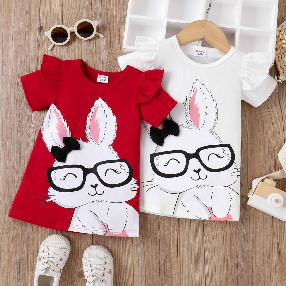 Baby Girl Rabbit Print Flutter-sleeve T-shirt Dress