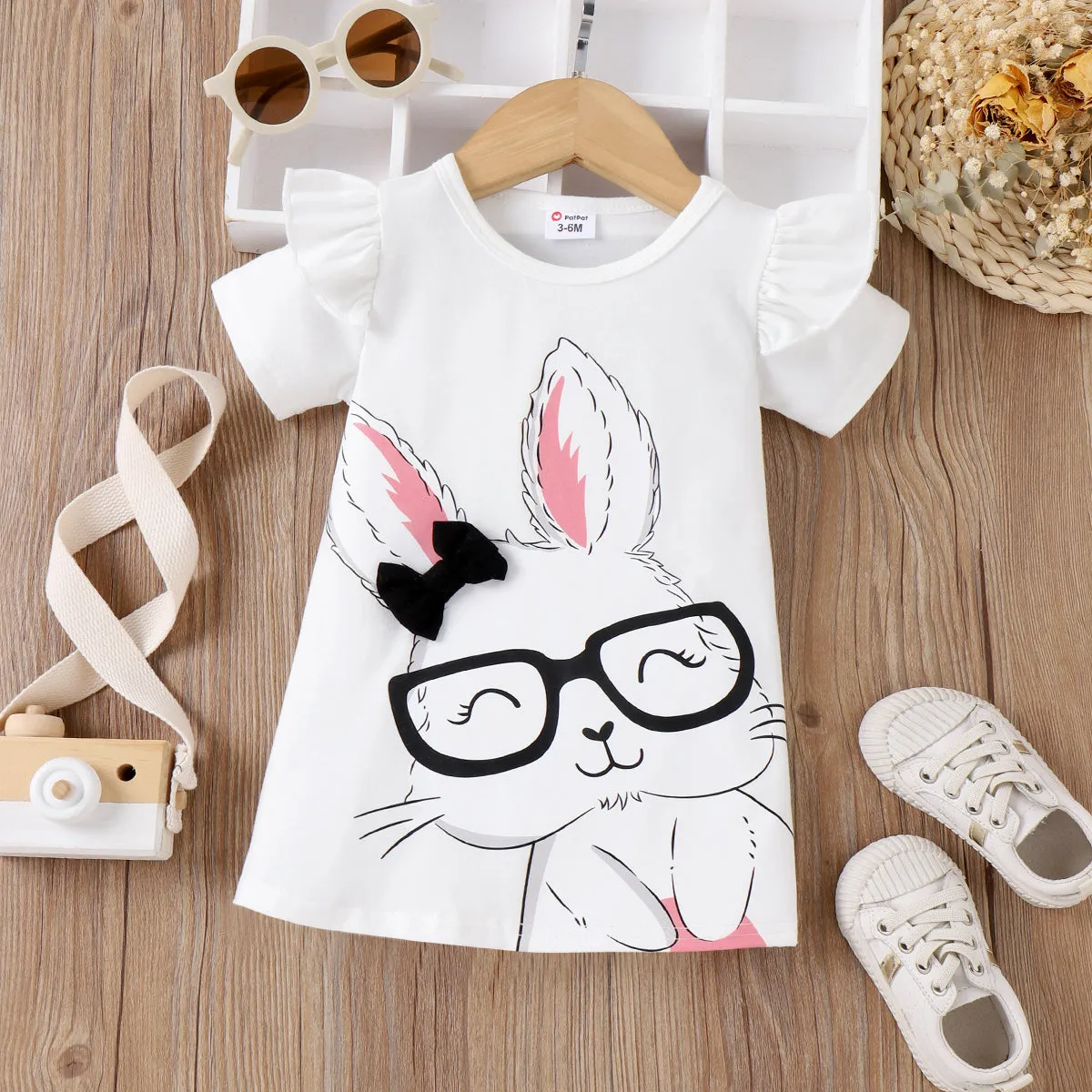 Baby Girl Rabbit Print Flutter-sleeve T-shirt Dress