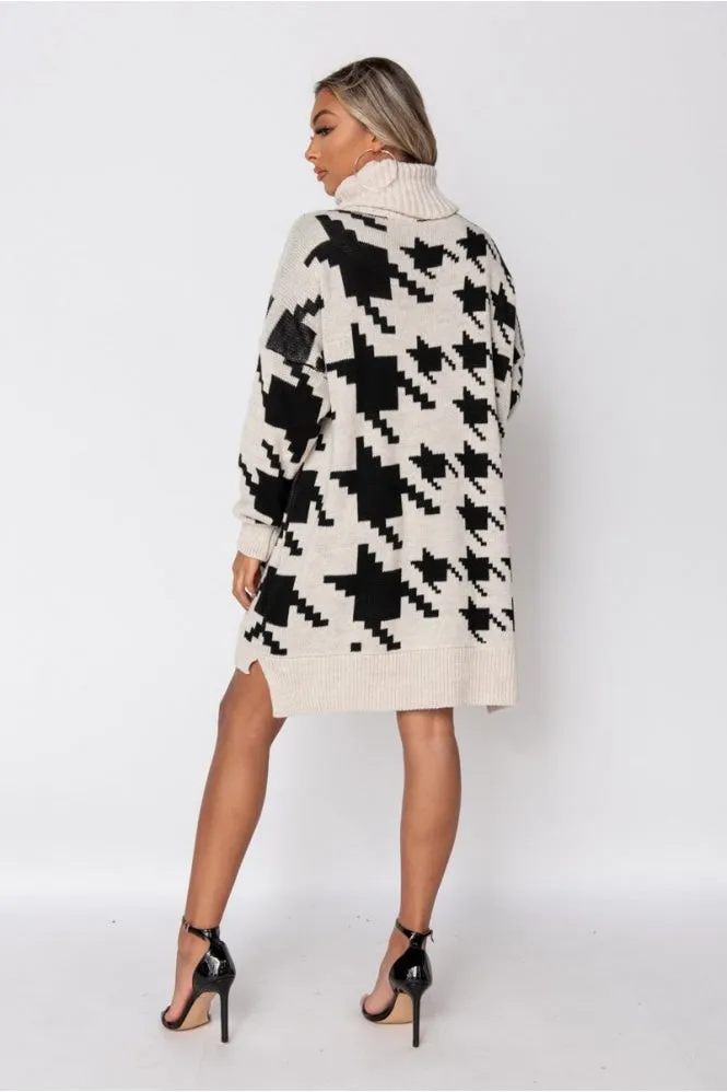 Beige Black Check Roll Neck Sweater Dress