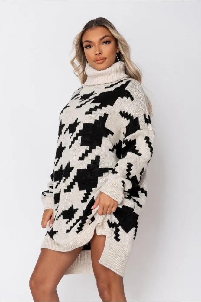 Beige Black Check Roll Neck Sweater Dress
