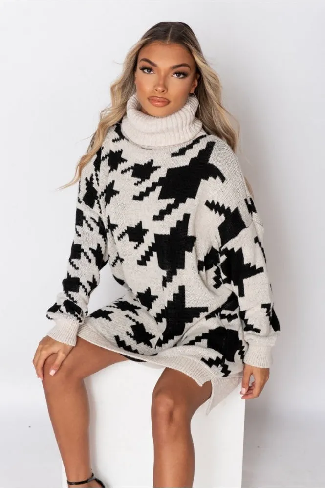 Beige Black Check Roll Neck Sweater Dress