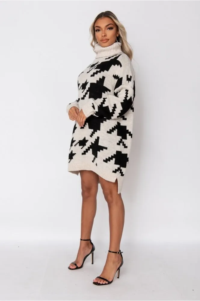 Beige Black Check Roll Neck Sweater Dress