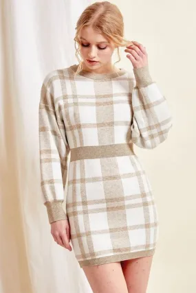 Beige Plaid Mini Dress