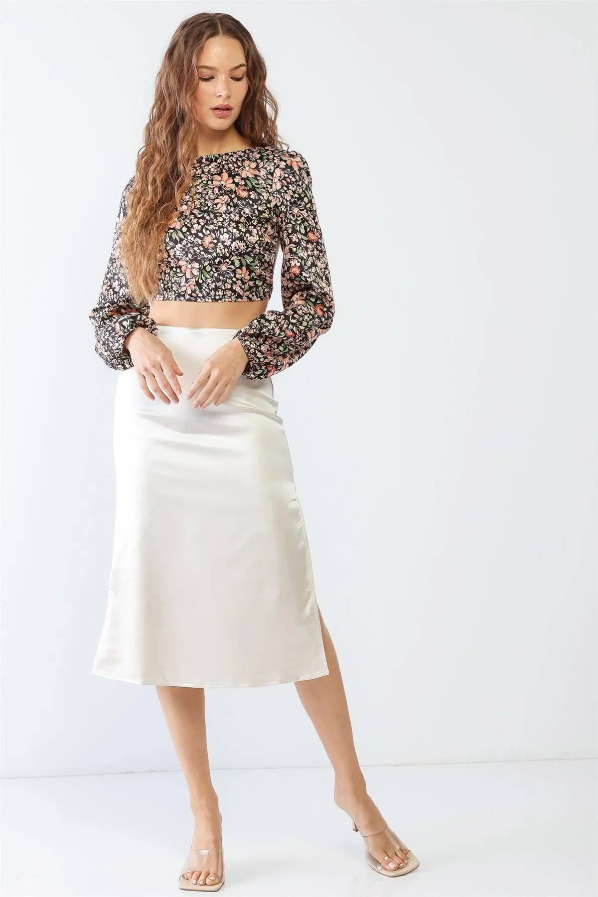 Black & Peach Floral Print Long Sleeve Criss-Cross Open Back Crop Top /1-2-2-1
