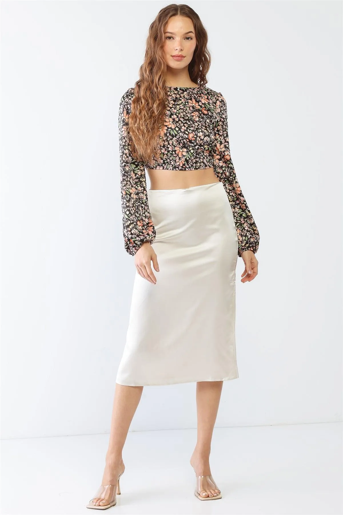 Black & Peach Floral Print Long Sleeve Criss-Cross Open Back Crop Top /1-2-2