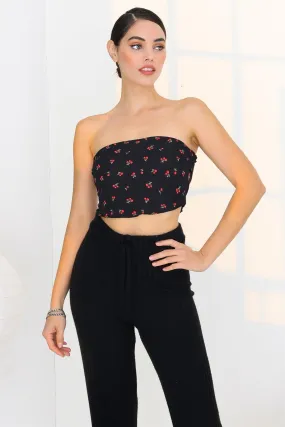 Black & Red Cherry Print Strapless Self-Tie Smocked Back Crop Top /3-2-1