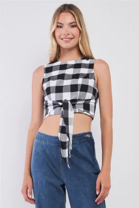 Black & White Buffalo Plaid Sleeveless Crew Neck Tie Front Cropped Top /1-2-2