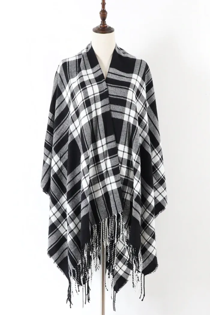 Black and White Plaid Ruana Poncho