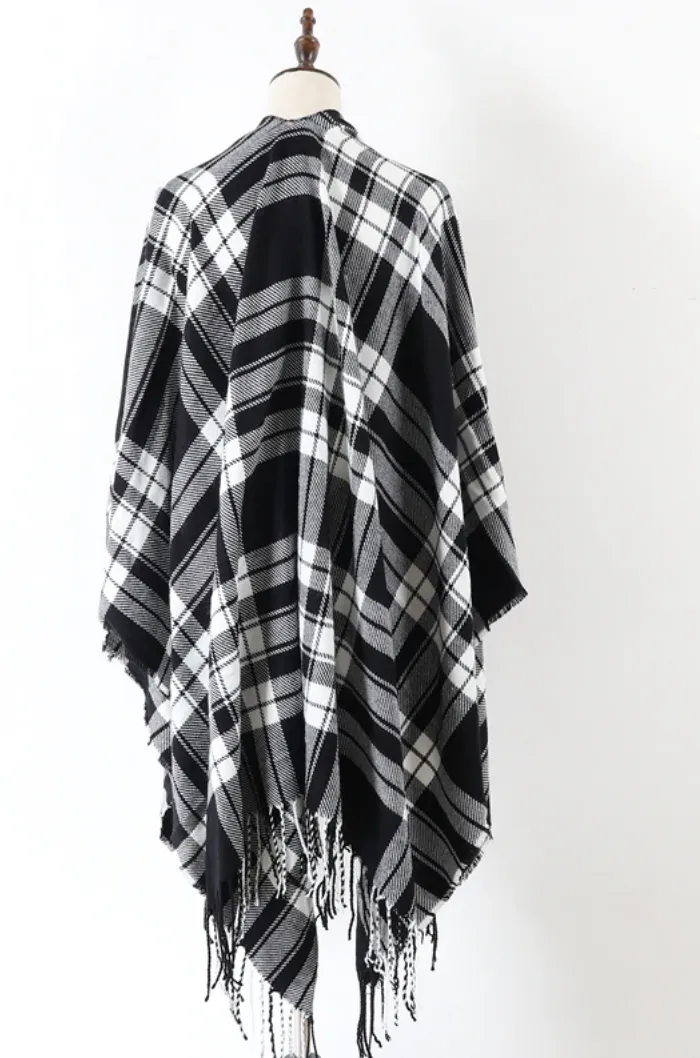 Black and White Plaid Ruana Poncho
