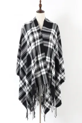 Black and White Plaid Ruana Poncho