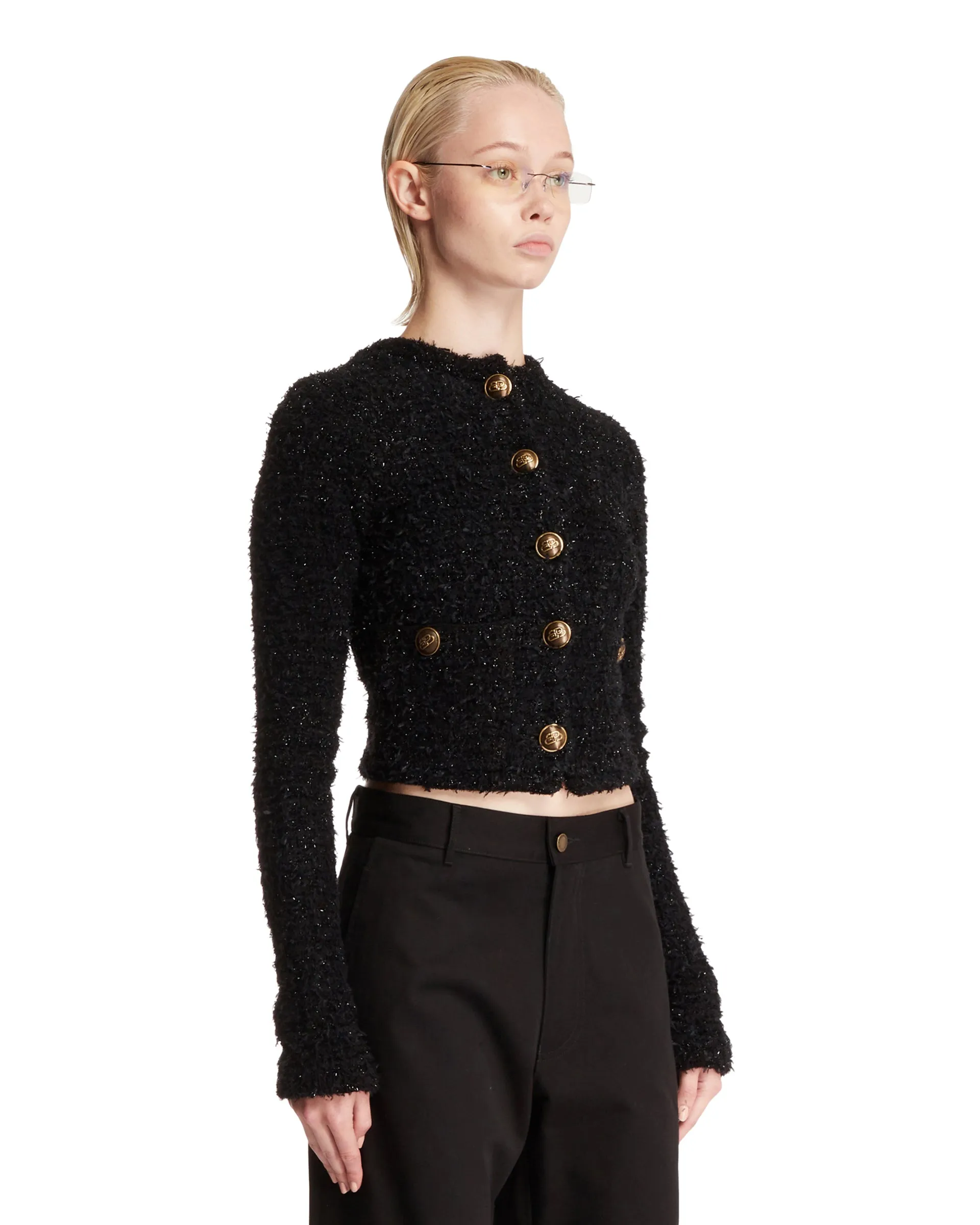 Black Cropped Tweed Cardigan