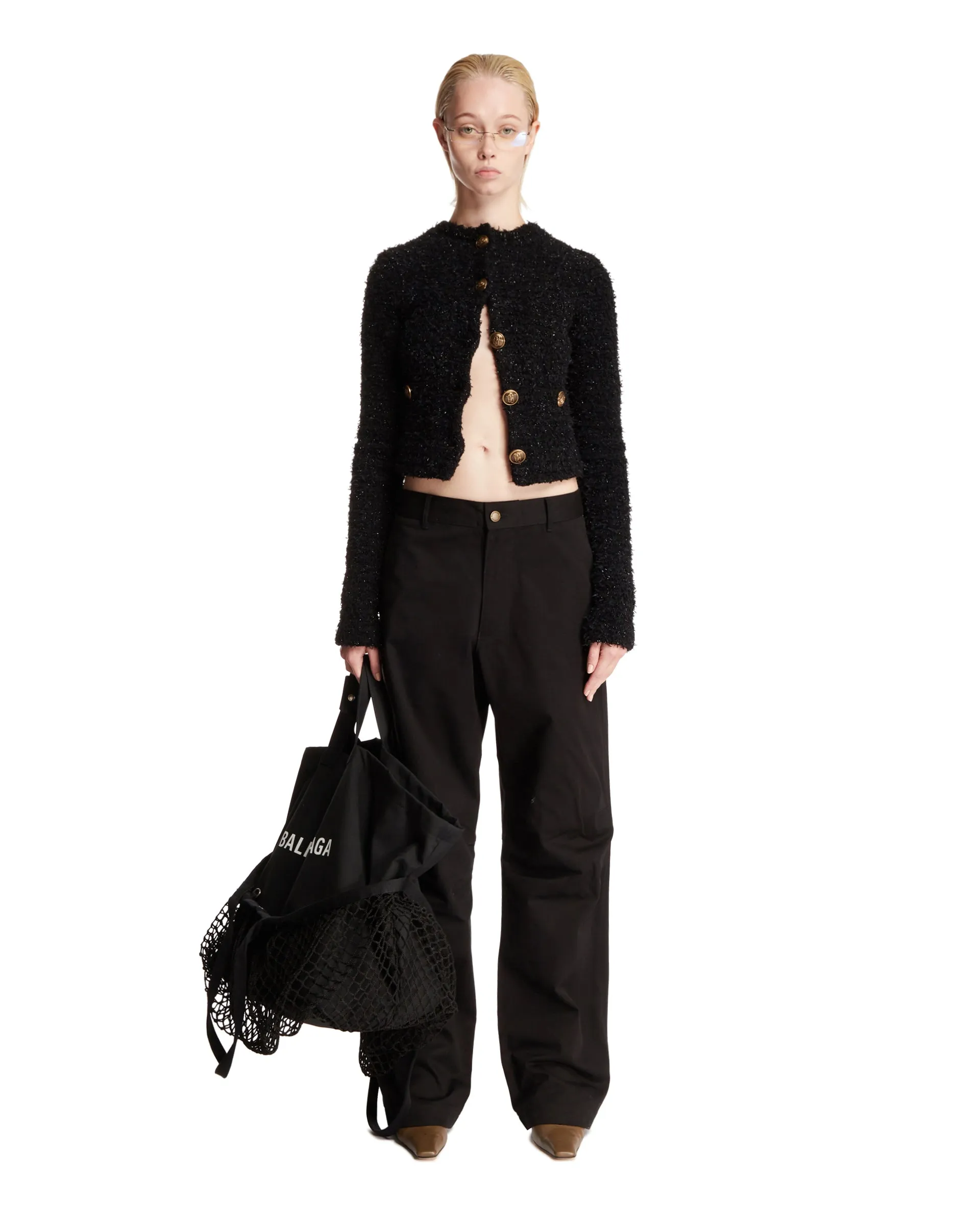 Black Cropped Tweed Cardigan