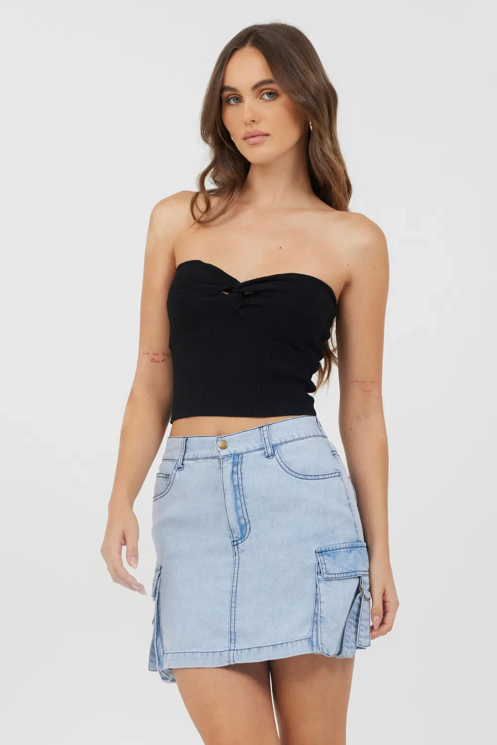 Black Rib Knit Twist Front Tube Top