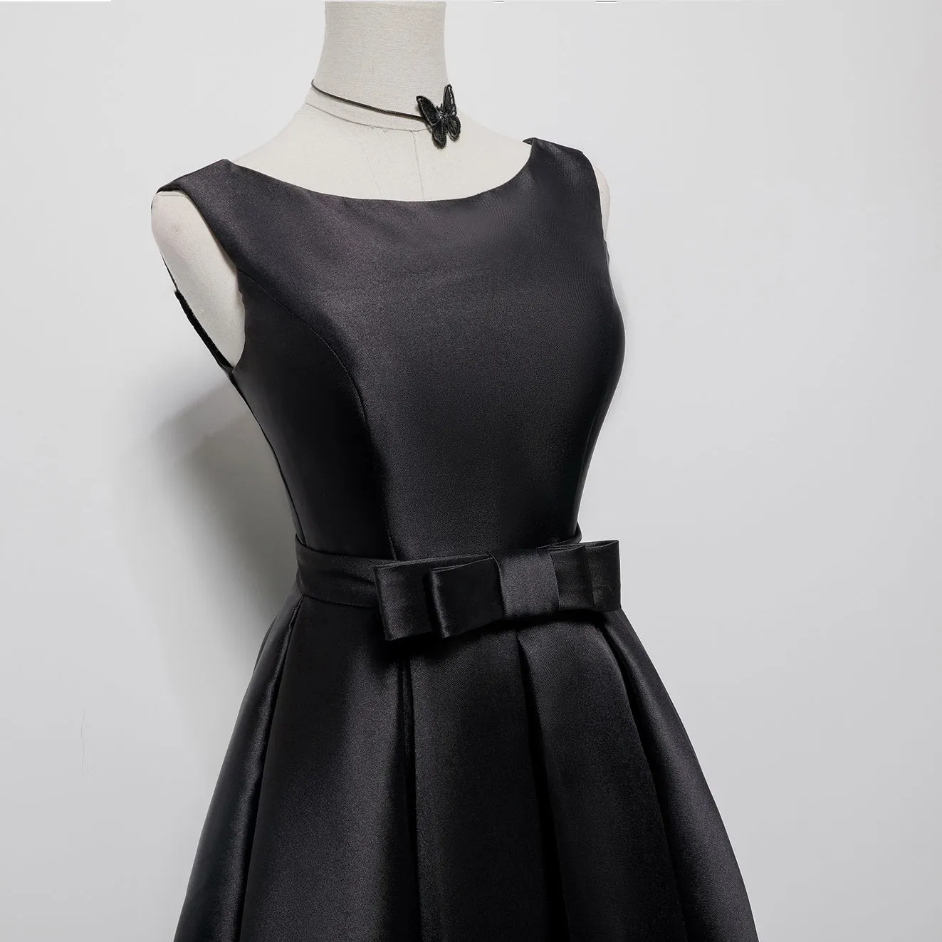 Black Satin Knee Length Round Neckline Party Dress, Black Short Prom Dress