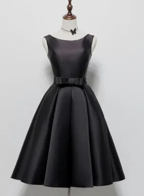 Black Satin Knee Length Round Neckline Party Dress, Black Short Prom Dress