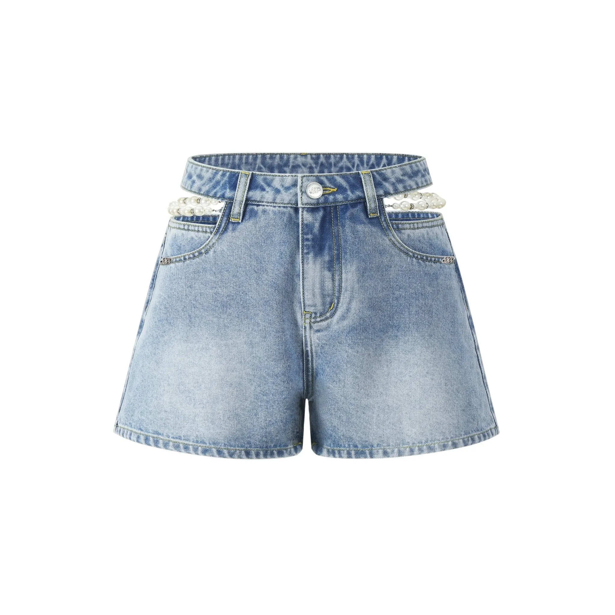 Blue Cutout Pearl Chain Denim Shorts