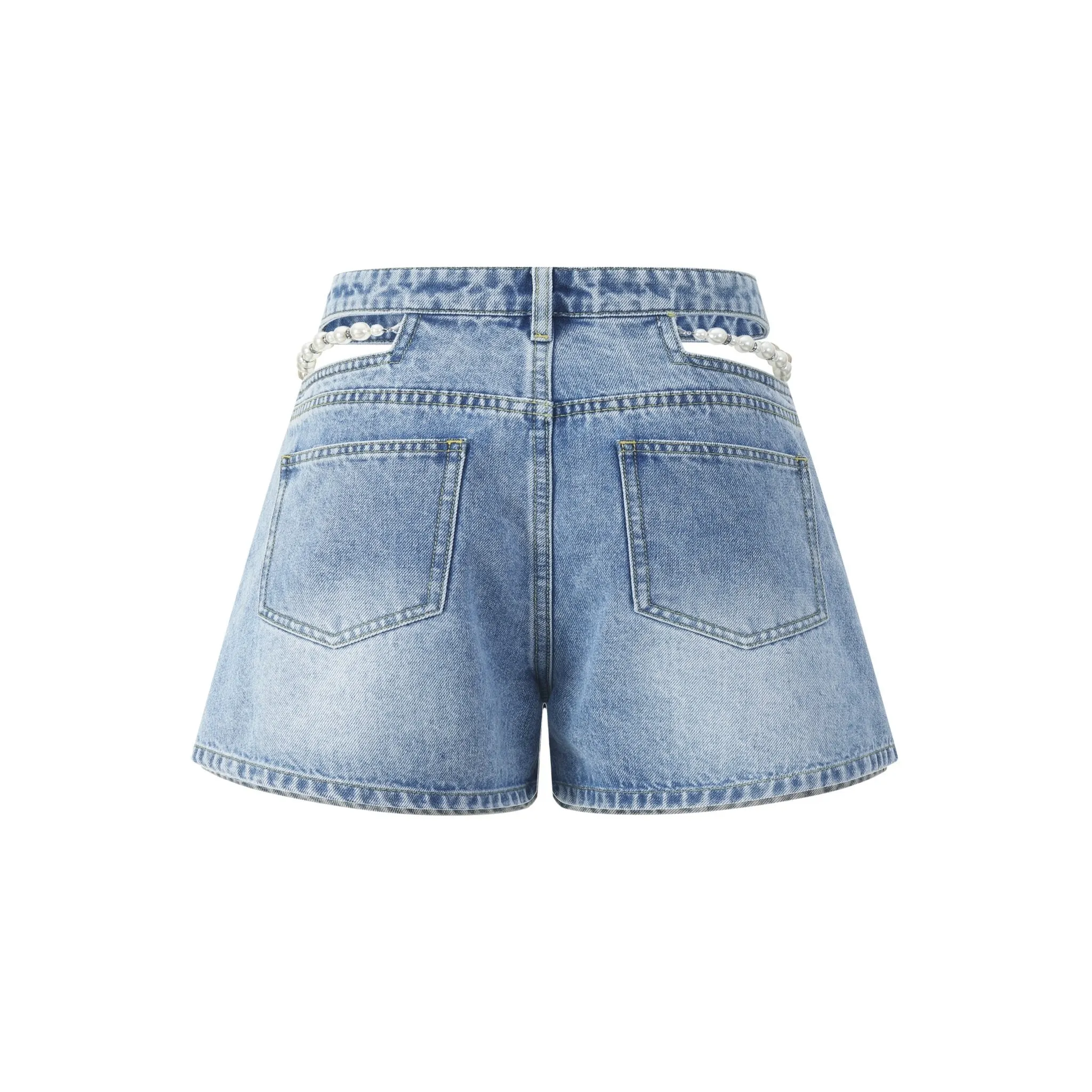 Blue Cutout Pearl Chain Denim Shorts