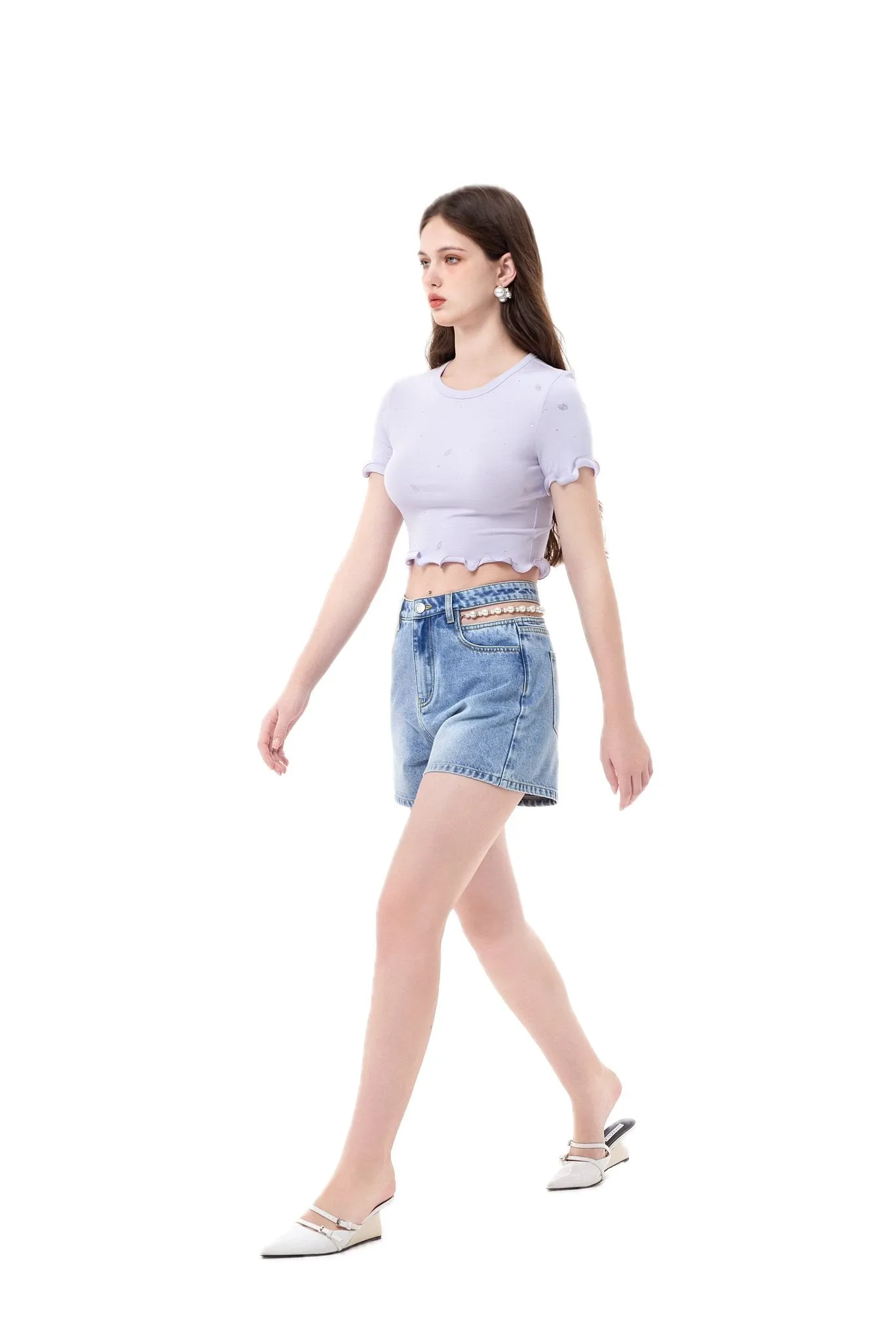 Blue Cutout Pearl Chain Denim Shorts