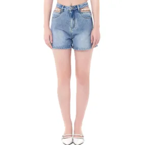 Blue Cutout Pearl Chain Denim Shorts