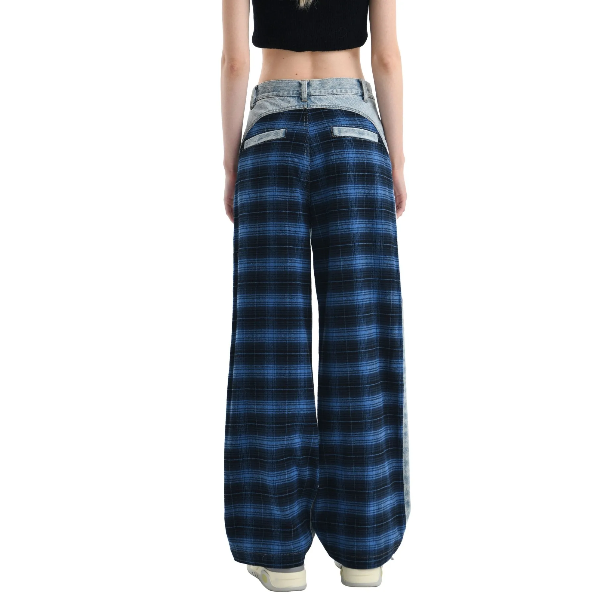 Blue Plaid Patchwork Jeans
