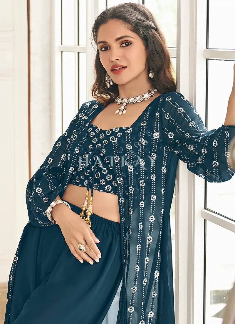 Blue Sequence Embroidered Jacket Style Sharara Suit