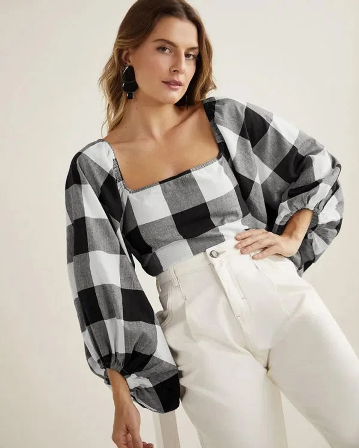 Blusa Vichy Manga Mega Ampla