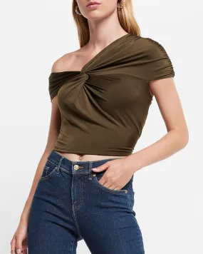Body Contour Silky Twist One Shoulder Cropped Tee in Olive Green