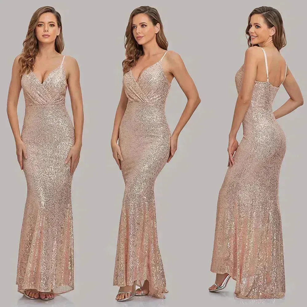 Body Fitted Wedding Bridesmaid Party Sequined Champagne lovely Long Dress