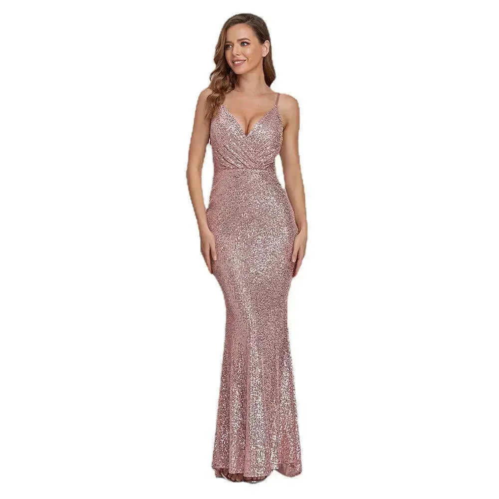 Body Fitted Wedding Bridesmaid Party Sequined Champagne lovely Long Dress