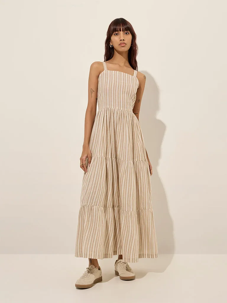 Bombay Paisley Taupe Stripe Cotton Tiered Dress with Jacket
