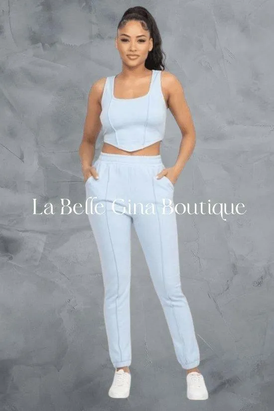 BOO corset tank top and jogger pants set.