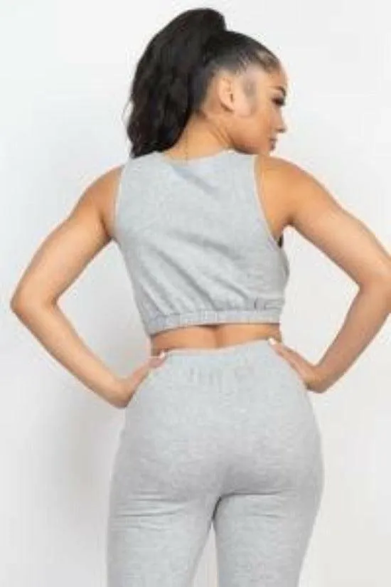 BOO corset tank top and jogger pants set.
