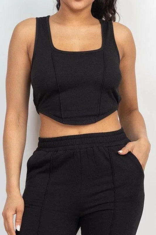 BOO corset tank top and jogger pants set.