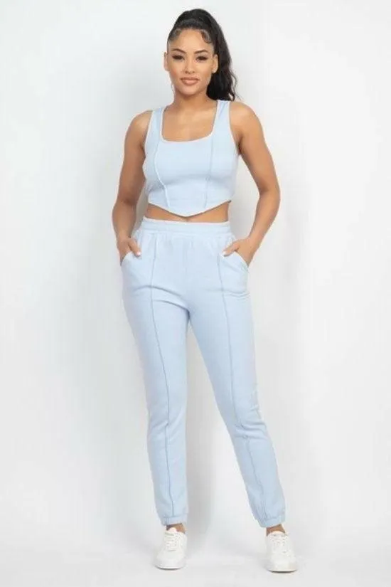BOO corset tank top and jogger pants set.