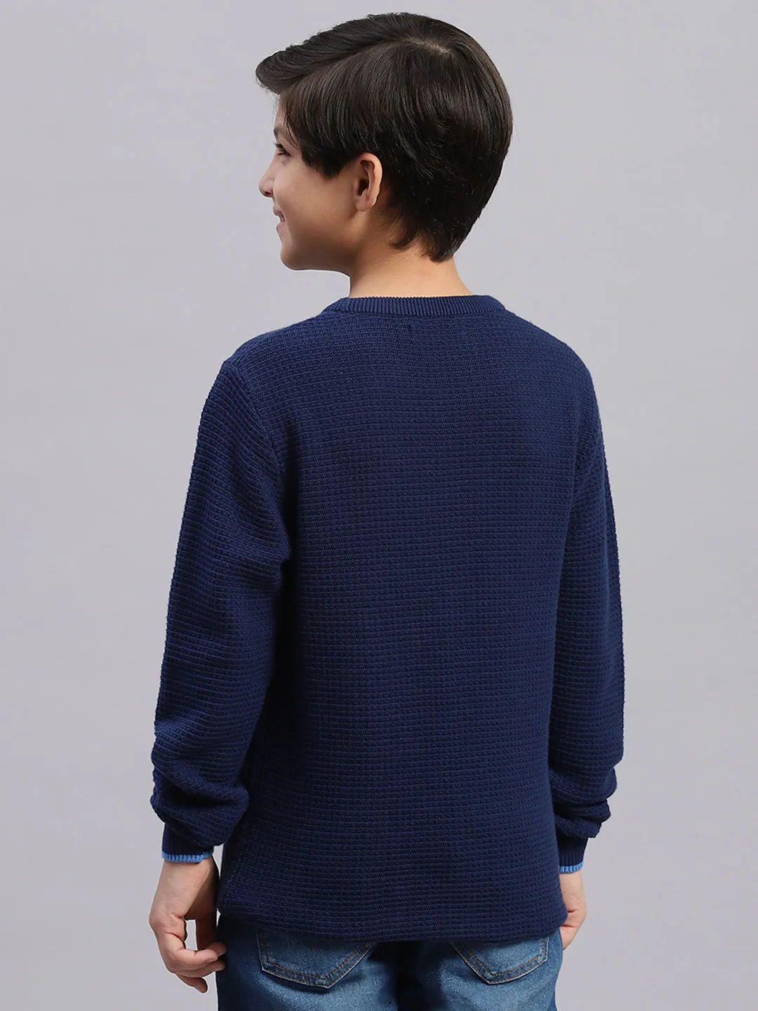Boys Blue Solid Round Neck Full Sleeve Sweater