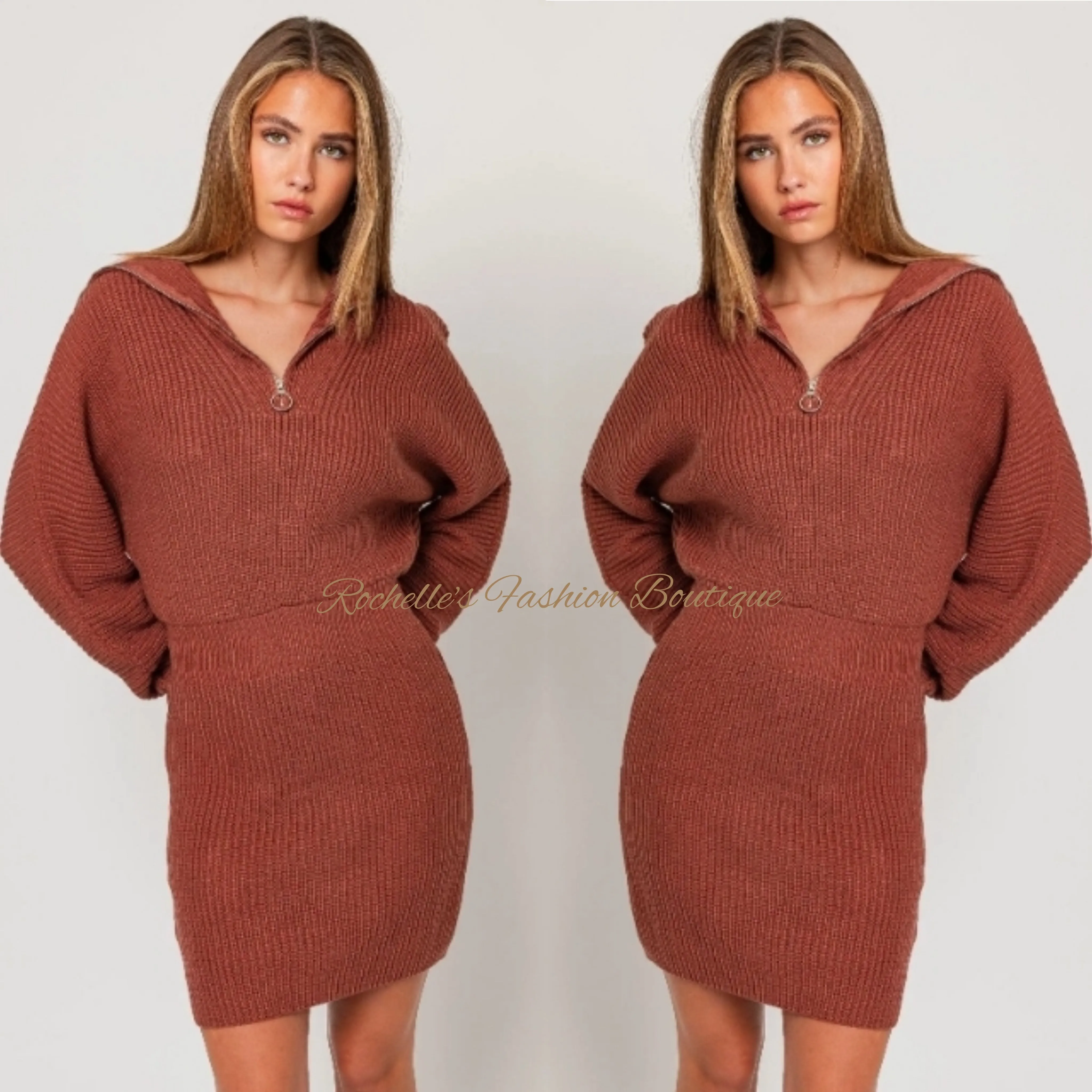Brown Collarded Half Zipper Sweater Dress