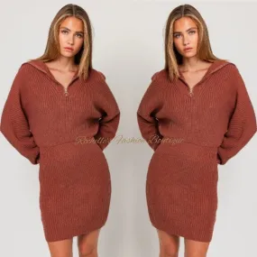 Brown Collarded Half Zipper Sweater Dress
