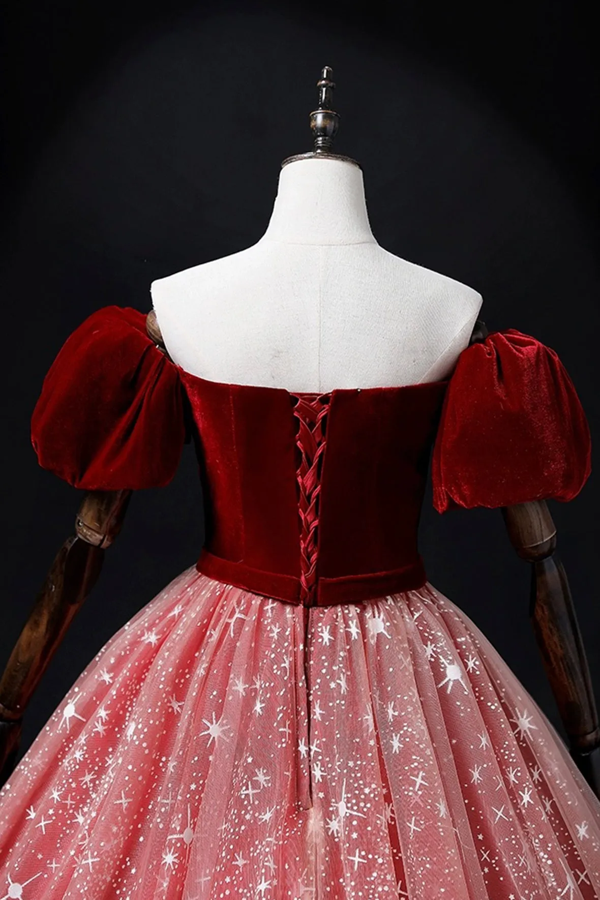 Burgundy Velvet Tulle Long Prom Dress, Elegant Short Sleeve Evening Party Dress