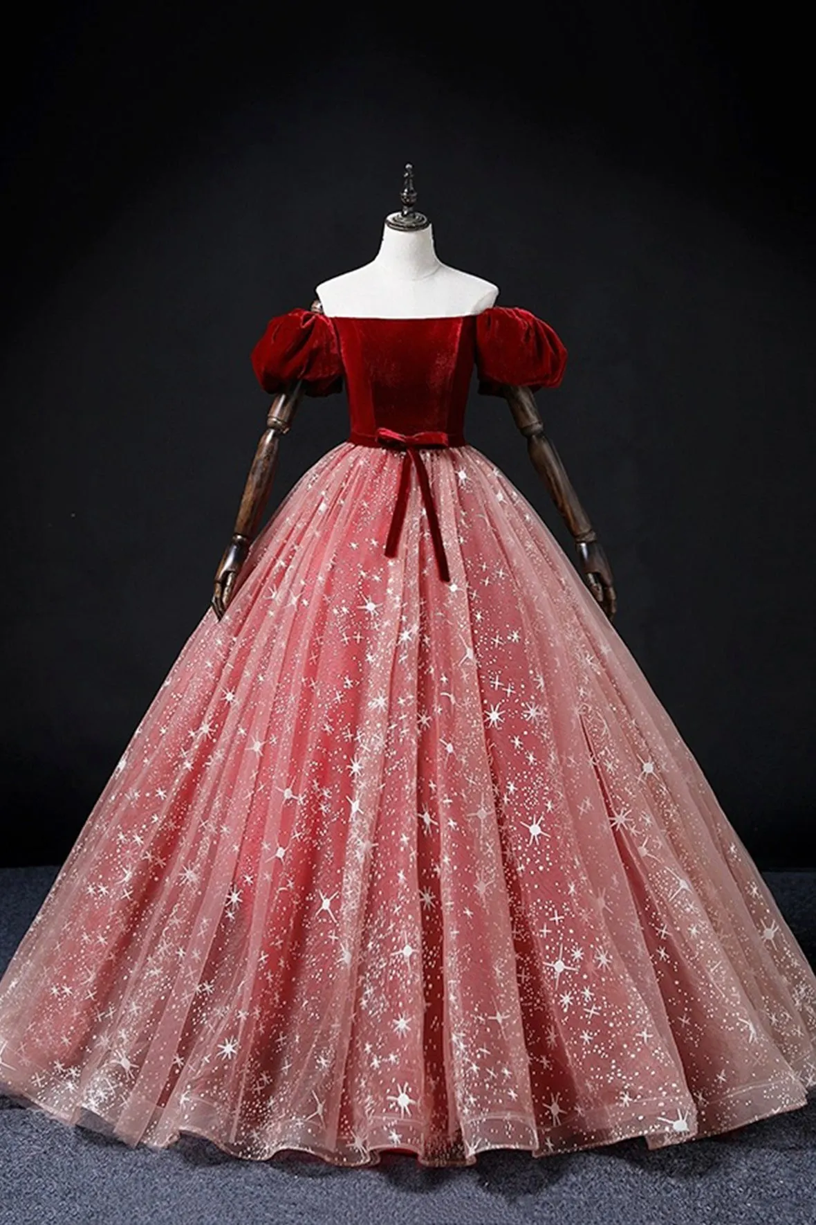 Burgundy Velvet Tulle Long Prom Dress, Elegant Short Sleeve Evening Party Dress
