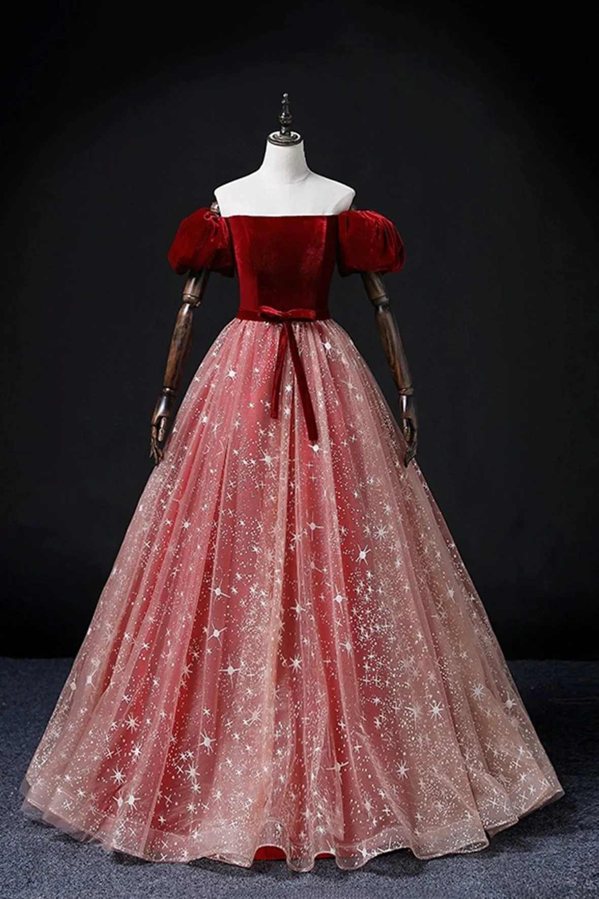 Burgundy Velvet Tulle Long Prom Dress, Elegant Short Sleeve Evening Party Dress