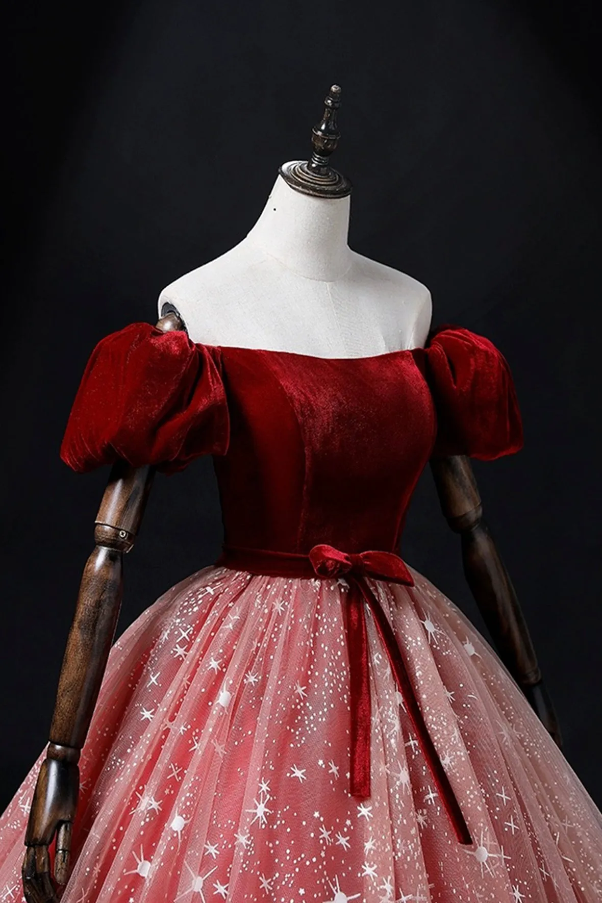 Burgundy Velvet Tulle Long Prom Dress, Elegant Short Sleeve Evening Party Dress