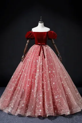 Burgundy Velvet Tulle Long Prom Dress, Elegant Short Sleeve Evening Party Dress