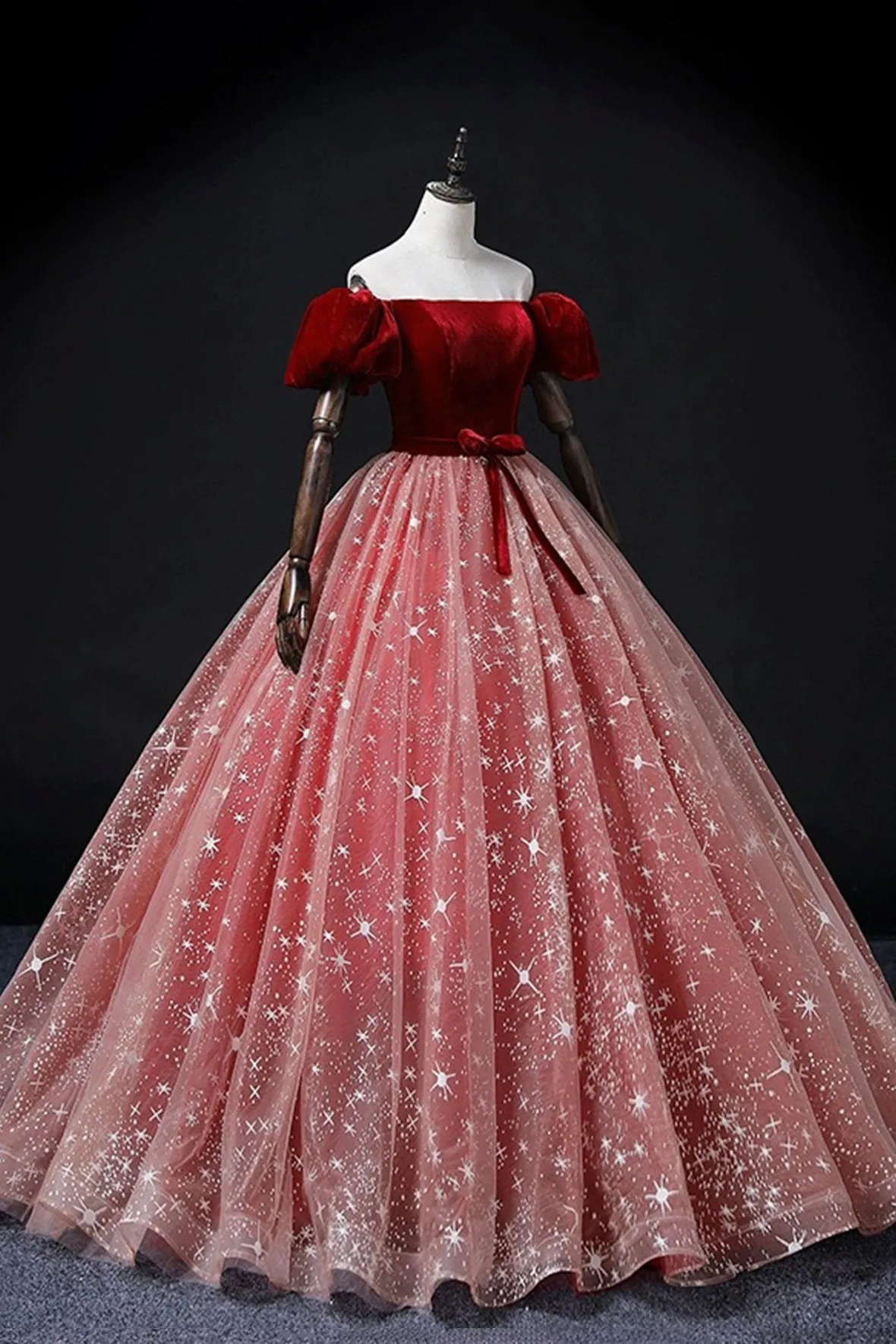 Burgundy Velvet Tulle Long Prom Dress, Elegant Short Sleeve Evening Party Dress