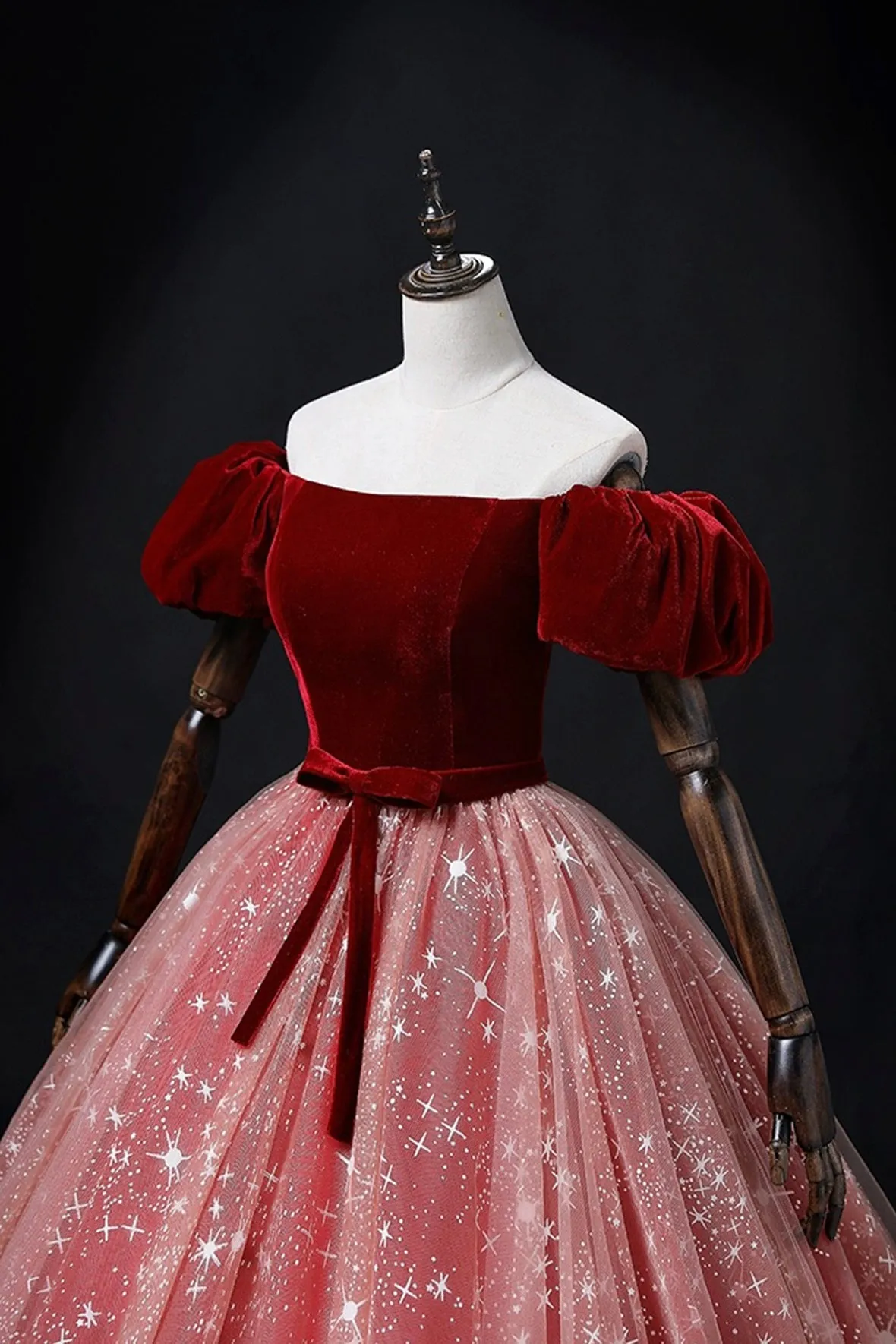 Burgundy Velvet Tulle Long Prom Dress, Elegant Short Sleeve Evening Party Dress
