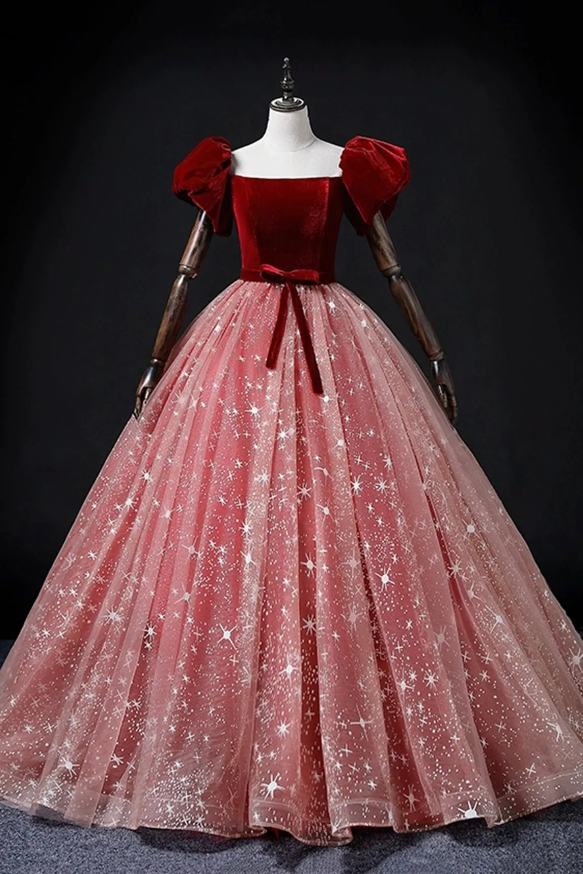 Burgundy Velvet Tulle Long Prom Dress, Elegant Short Sleeve Evening Party Dress