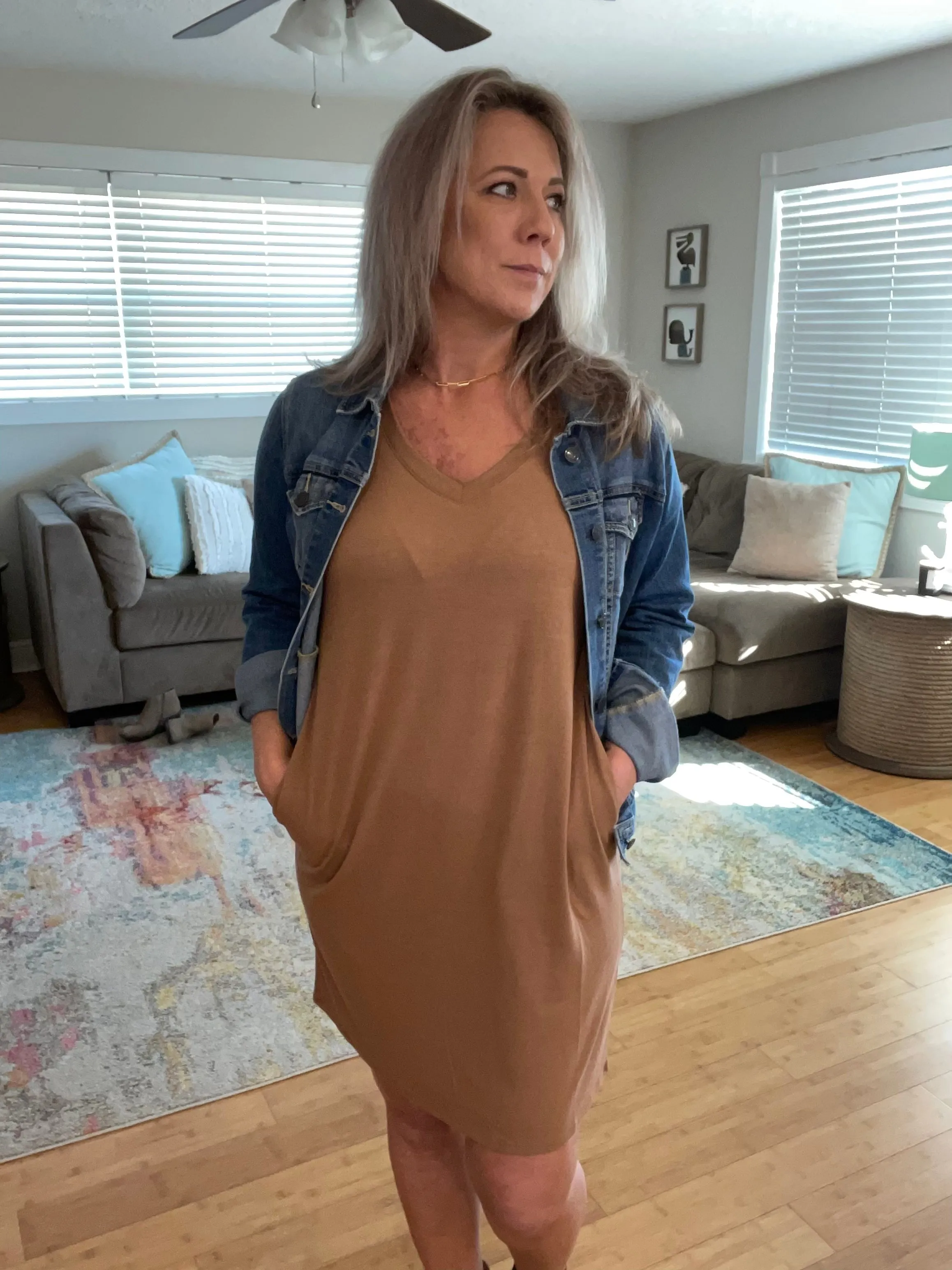 Camel pocket shirt dress