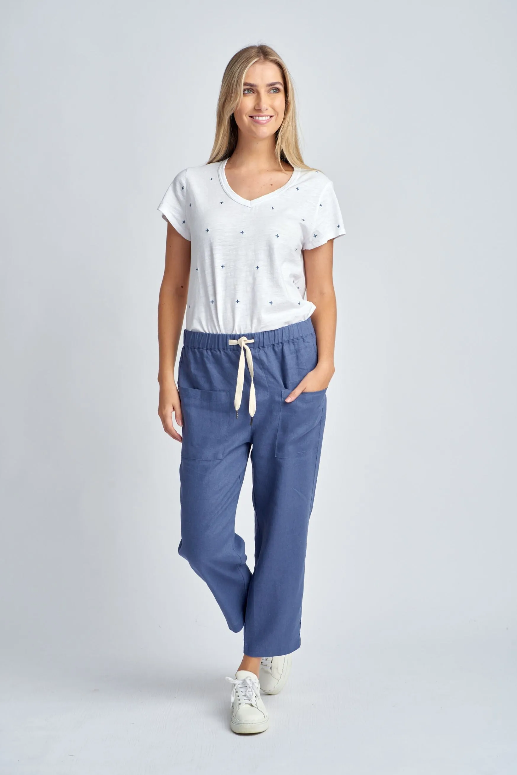 Casual Cropped Linen Pant Denim