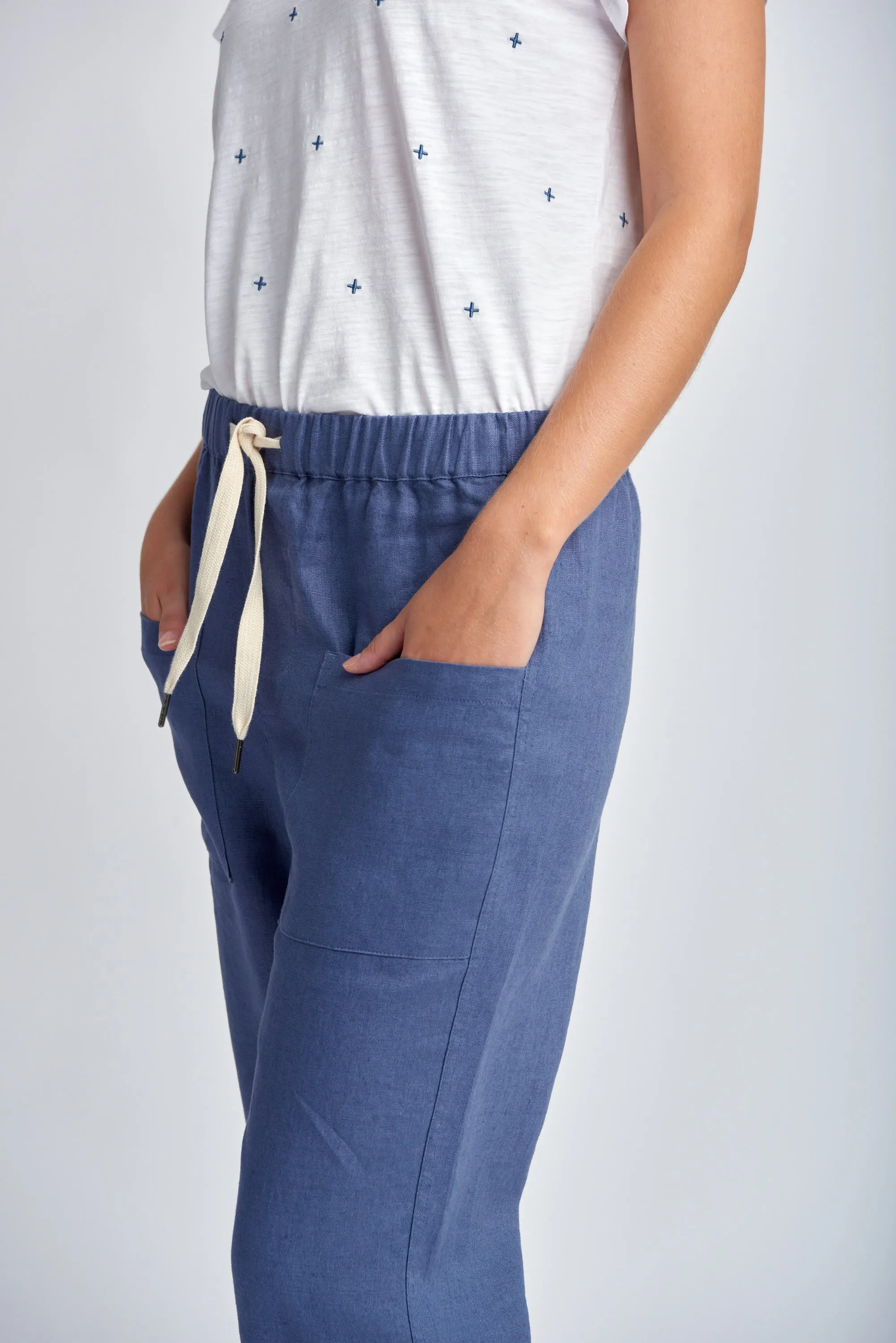 Casual Cropped Linen Pant Denim